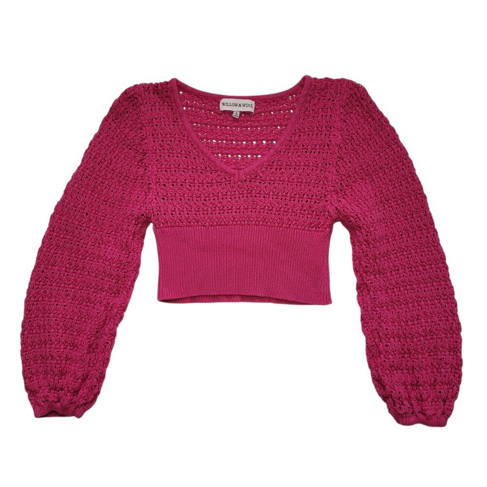 Willow & Wind Knit Cropped V-Neck Sweater Fuchsia Crochet Small Boho - Picture 3 of 10